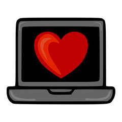 A playful vector illustration of a laptop displaying a large, stylized red heart, suggesting online love or digital affection.