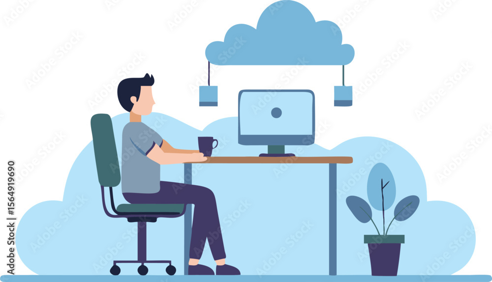 Poster illustration of a person sitting at a desk with a computer connected to a cloud network system setup