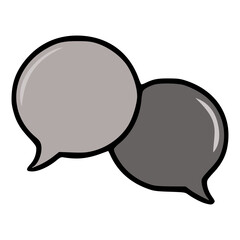Vector illustration of two overlapping speech bubbles in gray and dark gray tones, featuring a bold black outline and subtle highlight effects for a modern communication design.