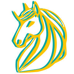 Abstract vector illustration of a stylized unicorn head in teal and gold, featuring bold lines and a minimalist design, perfect for logo, branding, or decorative purposes.