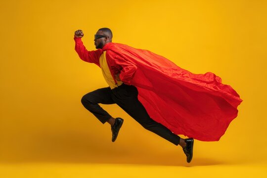 Black Man Superhero. Brave African American Hero in Casual Attire with Cape Raises Fist for Flight on Yellow Background