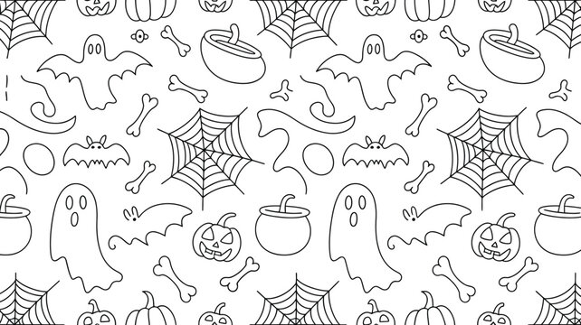 Seamless halloween pattern with ghosts bats pumpkins spiderwebs bones and cauldrons in black and white