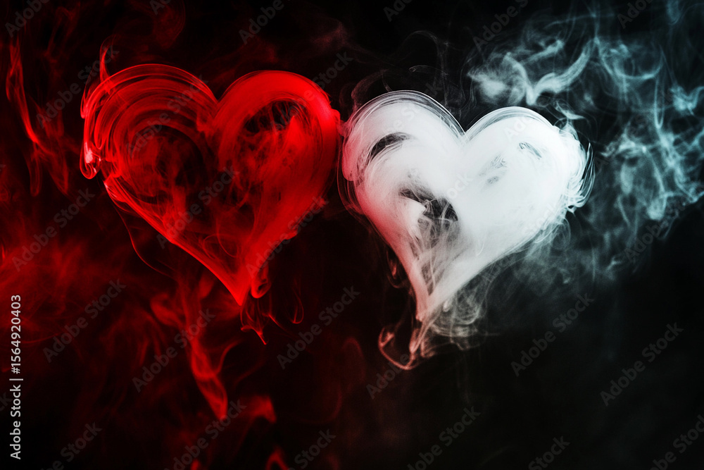Poster red and white smoke forming heart shapes in artistic display generative ai