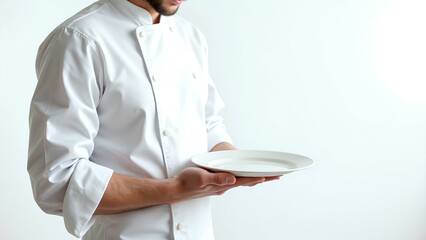 Unrecognizable male chef in a clean white uniform holds an empty plate, ready for serving. Professional cook presenting a dish, isolated on a white background with ample copy space for
