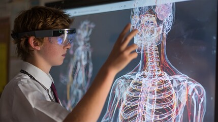 A Young Student Explores Anatomy Through Augmented Reality: Capturing a moment of future learning, a young student engages with an interactive augmented reality display.