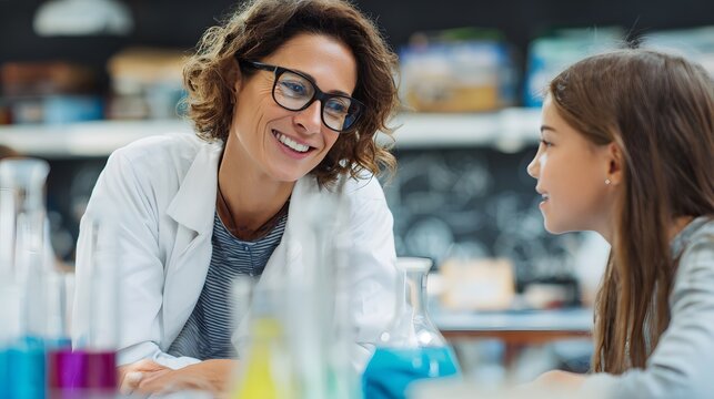 Scientist Guide Student: A female scientist mentor, adorned in a lab coat and glasses, engages in an intellectual exchange with a young student. They are positioned amidst laboratory equipment.
