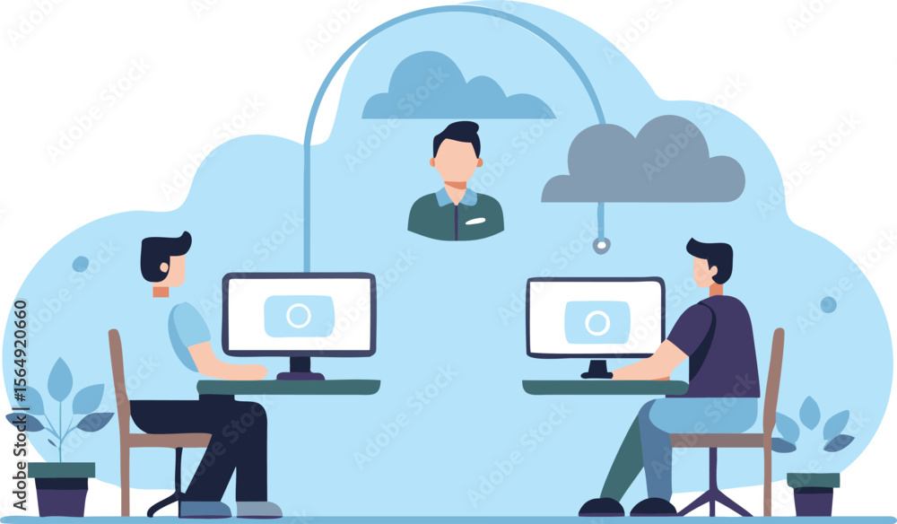 Poster illustration of two people working on computers connected to a cloud network with a central figure, 