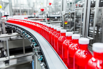 Fototapeta premium Production line filled with vibrant red beverage bottles Generative AI
