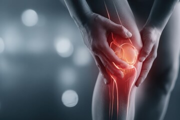 Close-up of a man clutching his knee, showing discomfort and joint pain with a red area indicating inflammation or injury.