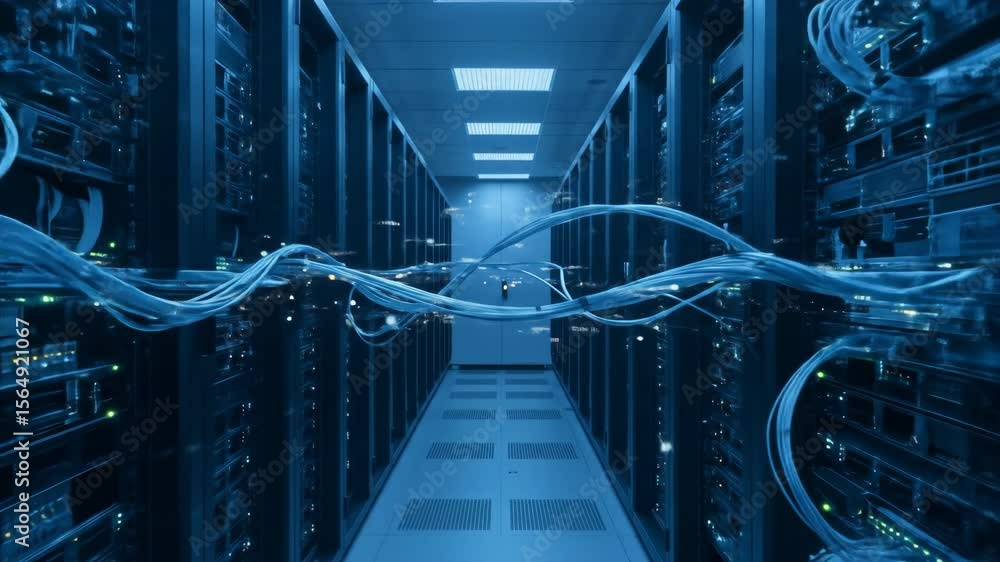 Poster data center server room network - a long shot of a server room with numerous cables snaking between 