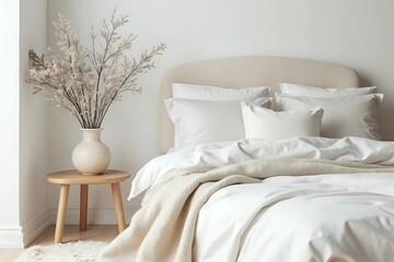 A serene and stylish minimalist bedroom featuring a neutral-toned bed with cozy linens, complemented by a wooden side table adorned with a simple vase of greenery with copy space