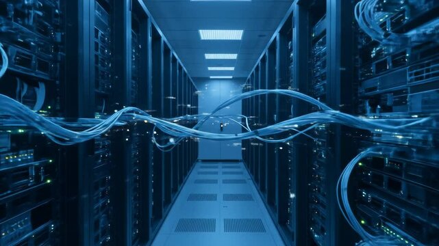 Data Center Server Room Network - A long shot of a server room with numerous cables snaking between rows of servers.