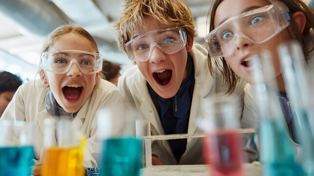 Excited Students Science Experiment: Three students, wearing safety goggles, display expressions of amazement and excitement while observing colorful liquids in test tubes during a science experiment.