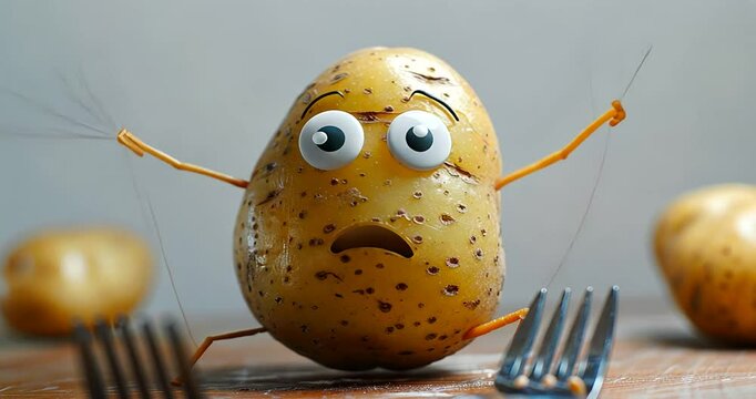 Animated potato character expressing fear with forks