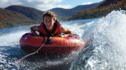 Boat Tube: Excited Teenage Boy Smiling and Having Fun Tubing on Lake