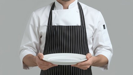 Unrecognizable chef in a clean white uniform and classic striped apron holds an empty white plate. Professional cook presenting a dish against a solid gray background, ready for fo