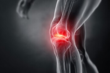 Obraz premium A close-up of the knee pain, set against a gray background. The focus is on detailed anatomy and texture.