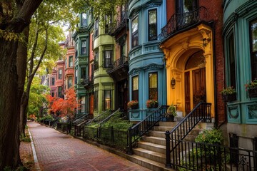 Fototapeta premium Boston Housing. Row House in Colorful Beacon Hill Neighborhood, Massachusetts