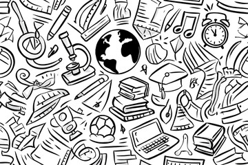 Seamless pattern of hand drawn school and education related items on a white background