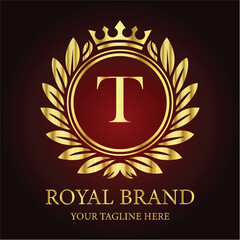 Golden anniversary celebration emblem: vintage laurel wreath and ribbon seal design LOGO T
