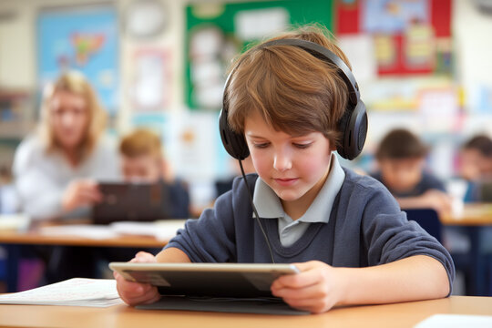 Child with dyslexia learning with a tablet using assistive technology, classroom setting, supportive teacher in background, inclusive education. - Powered by Adobe