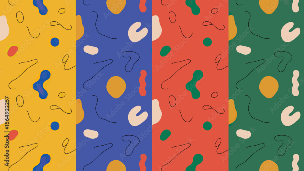 Poster an abstract pattern with yellow blue red and green backgrounds and various shapes and line art eleme