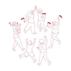 Group of happy all generation people holding flag celebration of Indonesia Independence day anniversary