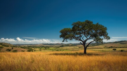 Obraz premium Brazil Cerrado Landscape: Tranquil Nature Scene with Tree in Green Field