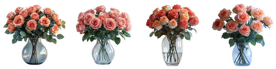Luxurious roses in a crystal-clear vase on a transparent background