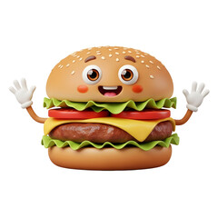 A cartoon burger with a face and arms made of buns lettuce cheese tomato and a sesame seed bun top