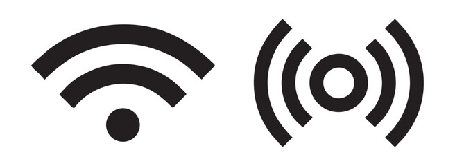 Set of data transfer concept includes antenna tower and wireless signal. Black and white vector illustration.