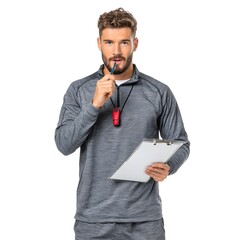 Thoughtful trainer with whistle and clipboard, his expression suggesting contemplation and readiness.
