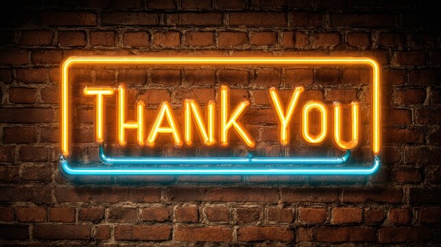 Bright Thank You. Neon Sign Banner on Glowing Brick Wall Background