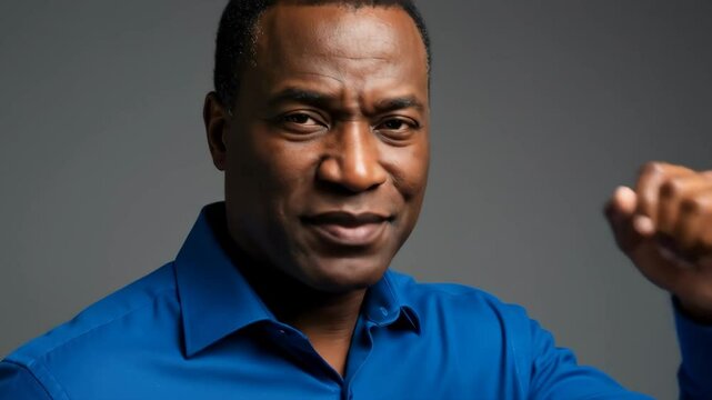 Confident Black Businessman in Blue Shirt - A portrait of a successful African American man wearing a vibrant blue dress shirt against a gray backdrop.