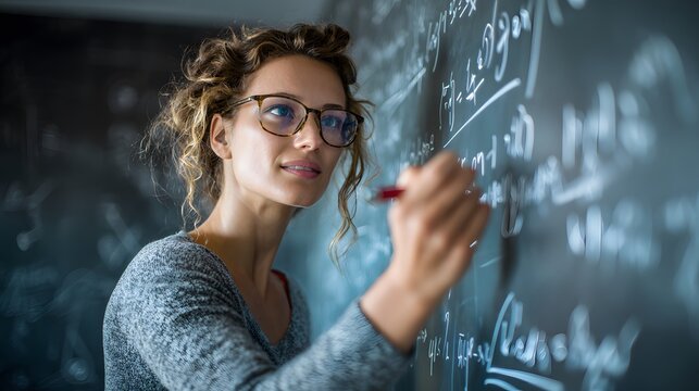 Female Scholar Writing Formula: A focused female scholar writes mathematical formulas on a chalkboard, embodying intellect and dedication in a scholarly environment.