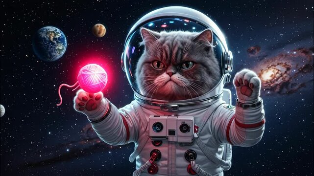 Gray astronaut cat on the background of space