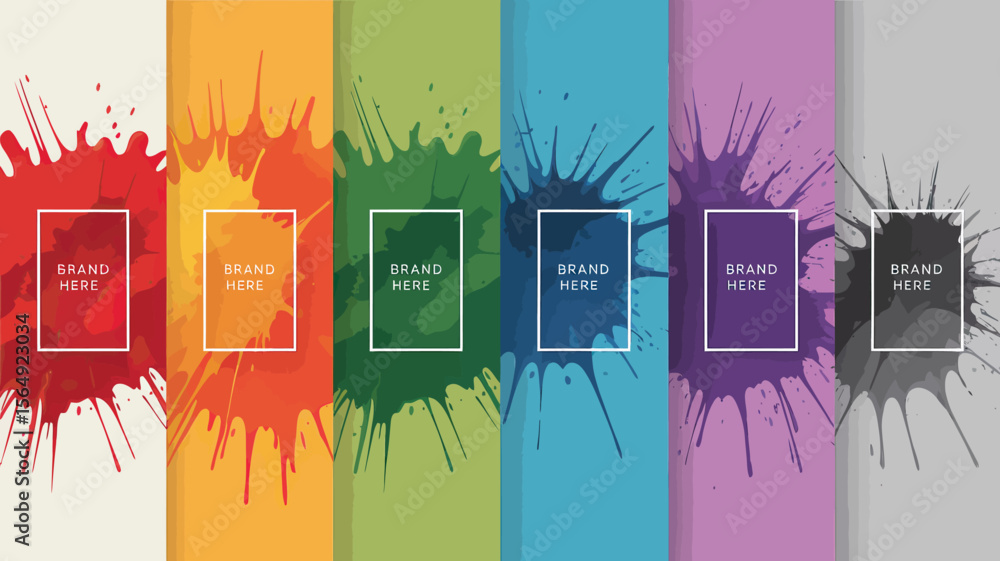 Poster colorful paint splashes with brand here text in white square frames in a row on a white background