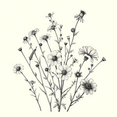 Intricate black and white botanical etching of wild herbs and flowers, vintage engraving style, fine details, delicate crosshatching, scientific illustration aesthetic