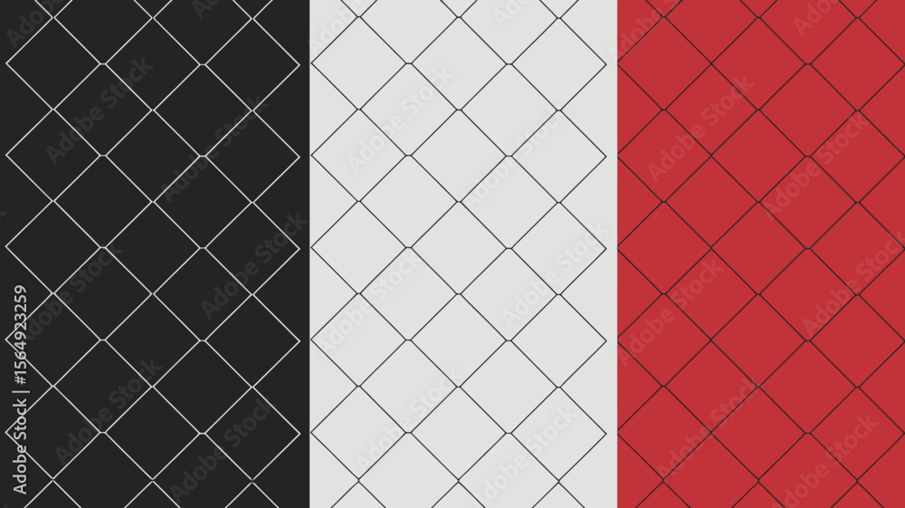 Poster a vertical tricolor pattern with a diamond grid overlay in black, white, and red color scheme