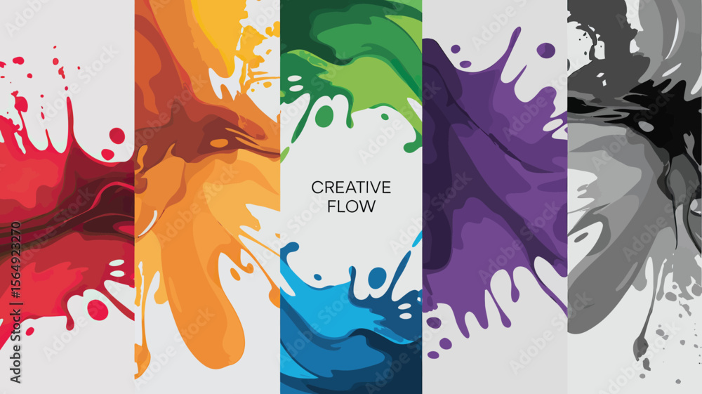 Poster colorful paint splashes arranged vertically on a white background with creative flow text in center