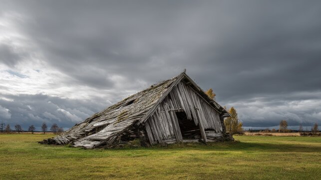 Broken Barn. Leaning Roof and Rotting Plank Storage Shed in Agricultural Field