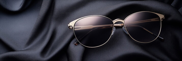 Designer sunglasses on black fabric for website header, 3:1 banner image with minimalist accessories, luxury fashion theme, copy space on left for text placement