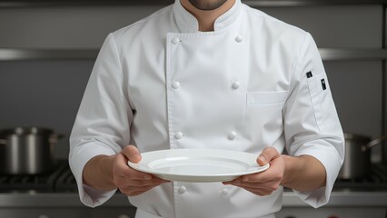 A professional chef in a clean white jacket holds an empty plate in a commercial kitchen. The blurred background with cooking equipment provides an authentic restaurant setting, read