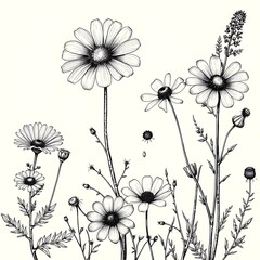 Intricate black and white botanical etching of wild herbs and flowers, vintage engraving style, fine details, delicate crosshatching, scientific illustration aesthetic