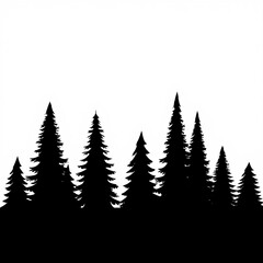 Silhouette of dense evergreen forest with tall pine trees against a white background