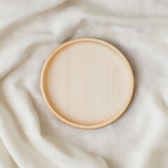 Empty Wooden Tray on Beige Linen Fabric Background