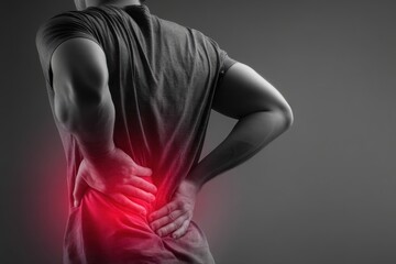 A man with back pain, holding his lower spine, isolated on a grey background with a red glowing effect.