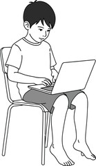 A young boy sitting on a chair while using a laptop in black and white