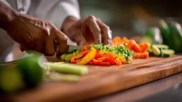 Colorful vegetable chopping in kitchen with wooden cutting board for healthy food preparation, emphasizing nutritious diet and vibrant meal creation