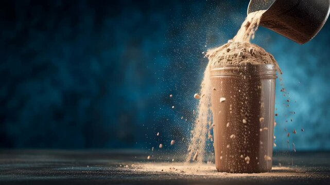 Chocolate protein powder supplement jar for fitness and health, highlighting nutrition benefits and diet support with scoop pouring into shaker